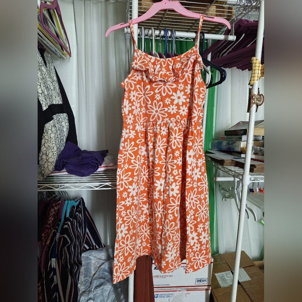 Orange and white floral print summer dress size 10-12 GIRLS